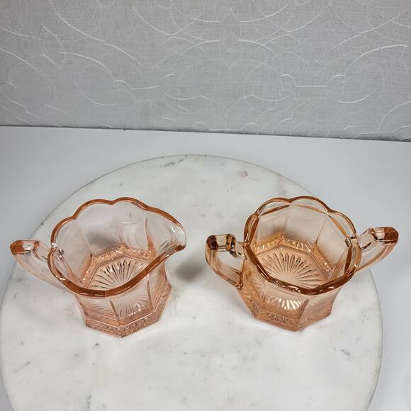 Greensburg‎ Pink Depression Glass Creamer Double Handled Octagon Sugar Bowl - Picture 14 of 16